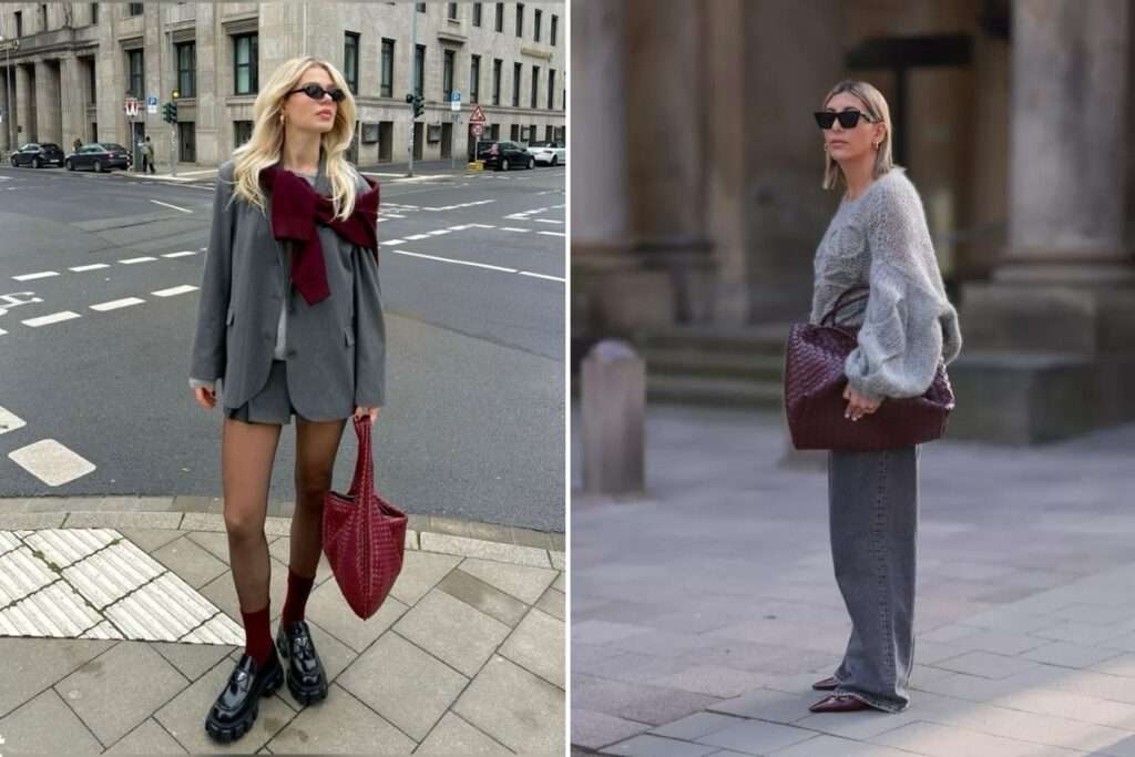 бордова сумка, сірий аутфіт